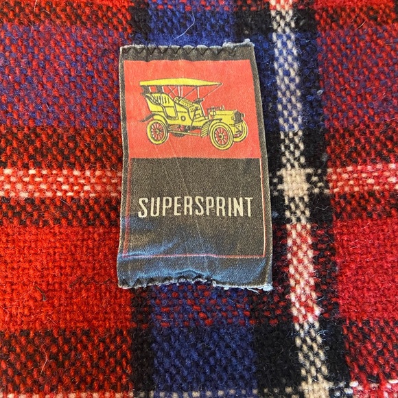 Vintage Supersprint Red Blue Plaid Wool Blanket Stadium Auto Throw 48x64” Fringe - Picture 4 of 6
